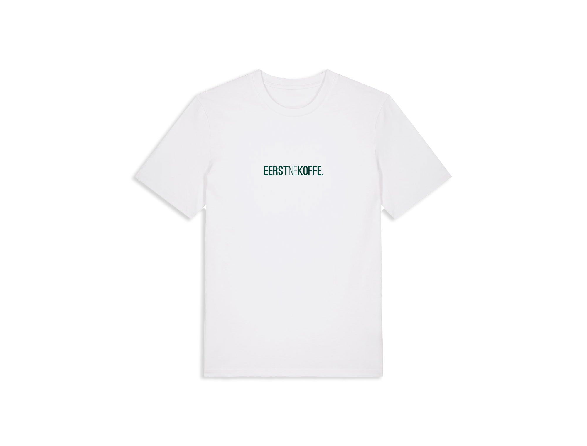 Witte T-shirt met opdruk EERSTNEKOFFE. in 't groen.