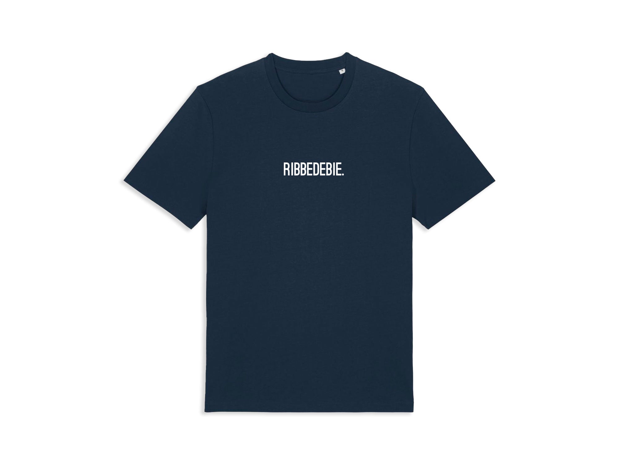 Donkerblauwe T-shirt met opdruk RIBEDEBIE.