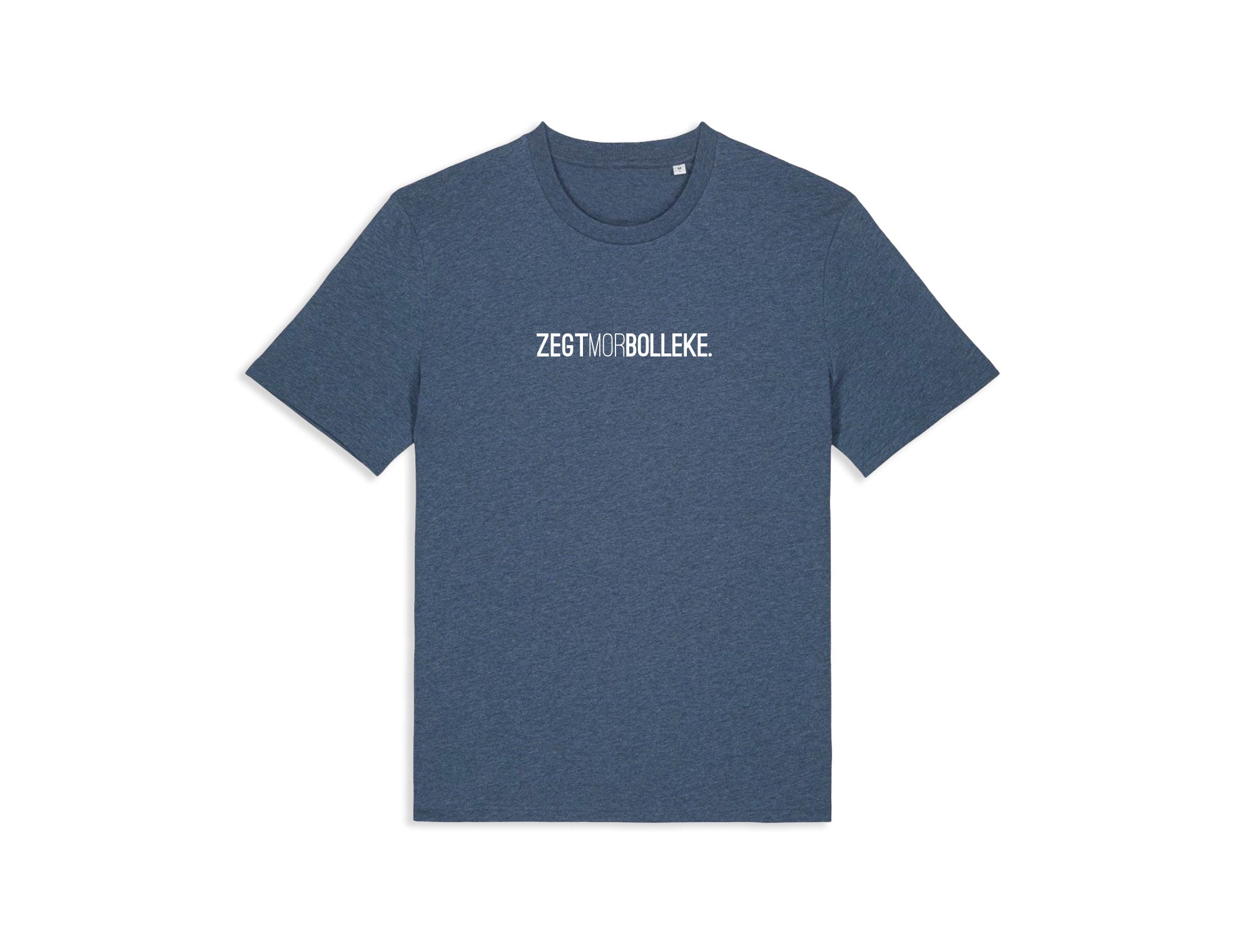 Blauwe T-shirt met opdruk ZEGTMORBOLLEKE.