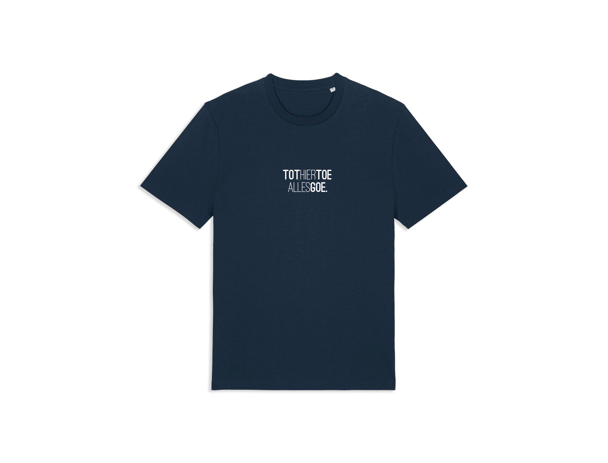 Donkerblauwe T-shirt met opdruk TOTHIERTOEALLESGOE.